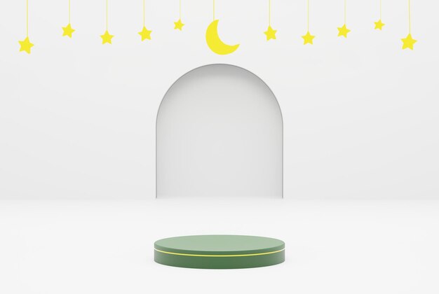 Plataforma com fundo branco estrela ramadan kareem e renderização de ilustração 3d conceito islâmico