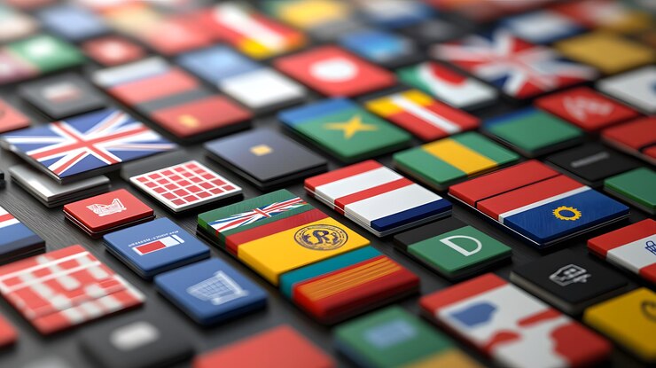 Plataforma de comercio electrónico que muestra a los vendedores internacionales un primer plano detallado de las banderas y las listas de productos concepto de negocio global