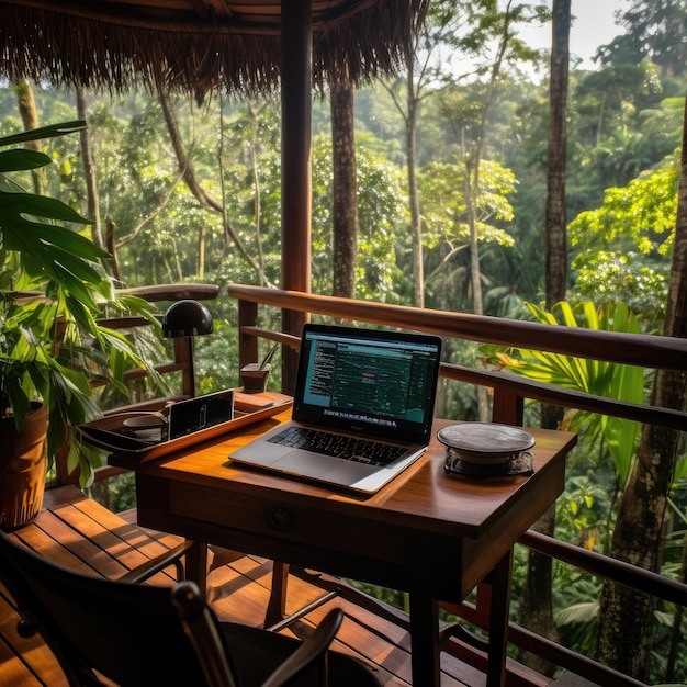 Una plataforma en la copa de un árbol en la selva amazónica una computadora portátil sobre un escritorio de madera sostenible El nómada trabaja