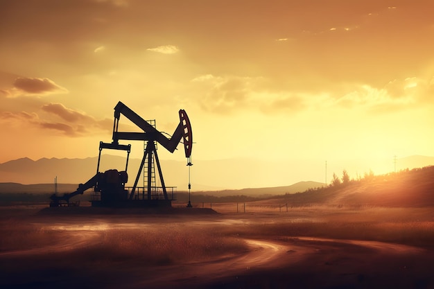 Plataforma de bombeamento de petróleo bruto no fundo do deserto ao pôr do sol da noite