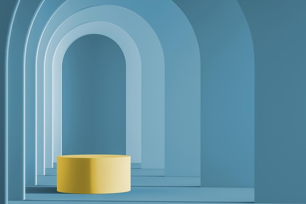 Plataforma de cilindro amarelo em cena de maquete de padrão de arco gradiente de parede azul para apresentação do produto