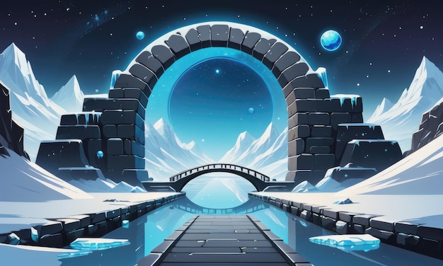 Plataforma de jogo espacial com portal de gelo mágico ilustração de ponte de pedra