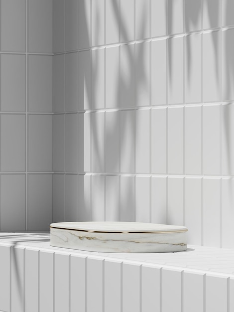 Foto plataforma de mármore branco com topo branco em telhas brancas em uma renderização 3d de banheiro ensolarado