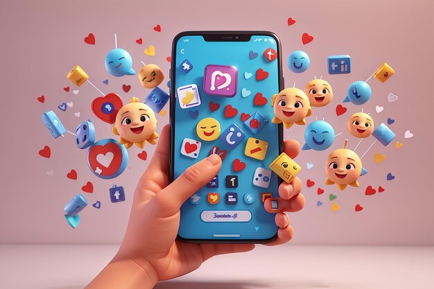 Plataforma de mídia social on-line 3D Render com emoji e ícones de interação