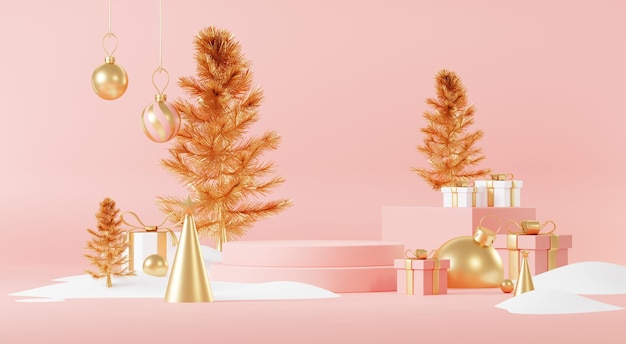 Plataforma de palco de pódio abstrata 3d com fundo mínimo de evento de Natal e ano novo Cena de feliz Natal para exibição de produtos ou banner simulado Decoração de pedestal de suporte vazio na cena de inverno de Natal