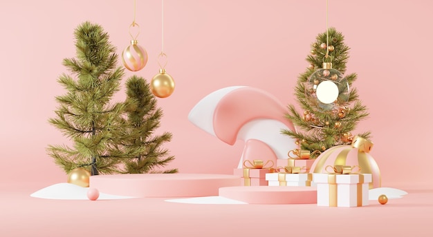 Plataforma de palco de pódio abstrata 3d com fundo mínimo de evento de Natal e ano novo Cena de feliz Natal para exibição de produtos ou banner simulado Decoração de pedestal de suporte vazio na cena de inverno de Natal