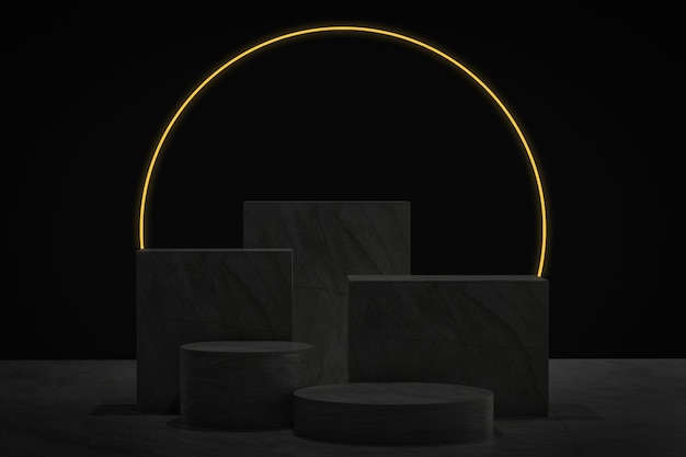 Plataforma de passos geométricos preto e dourado com sombra e iluminação sala de estúdio abstrata 3D com pódio pedestal Cena mínima de luxo para demonstração de produtos cosméticos renderização em 3D