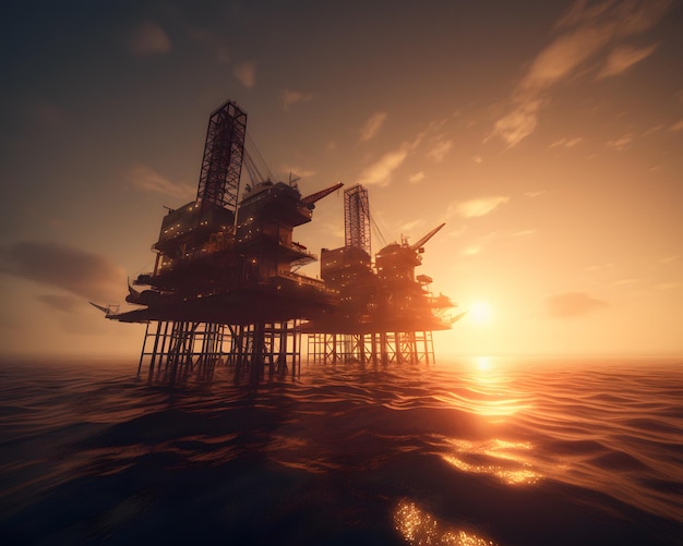 Foto plataforma de petróleo ao pôr do sol com intrincadas varreduras no horizonte renderizadas em 3d de alta qualidade para cena oceânica realista