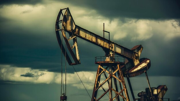 Foto plataforma de petróleo no fundo do céu nublado toning retro escuro