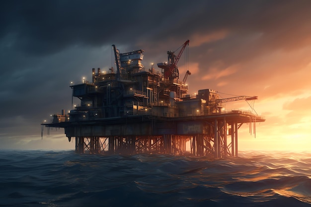 Plataforma de petróleo no mar ao pôr do sol