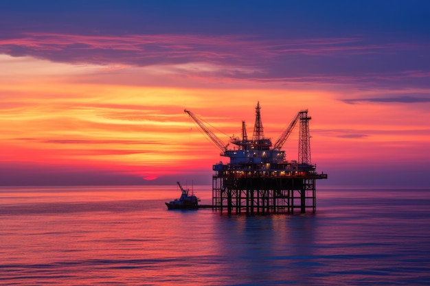 plataforma de petróleo offshore industrial erguida no vasto oceano, representando a tecnologia avançada e as máquinas envolvidas na exploração e produção de petróleo e gás