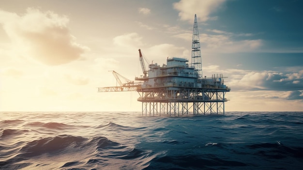 Plataforma de plataforma de petróleo no mar oceânico Indústria de mineração comercial Maquete de banner de cabeçalho com espaço de cópia AI
