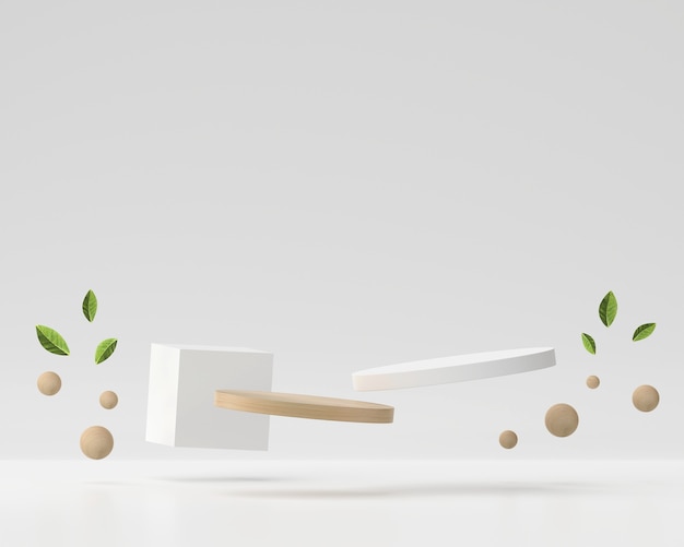 Plataforma de pódio abstrata branca e de madeira para exibição de produtos renderização 3D