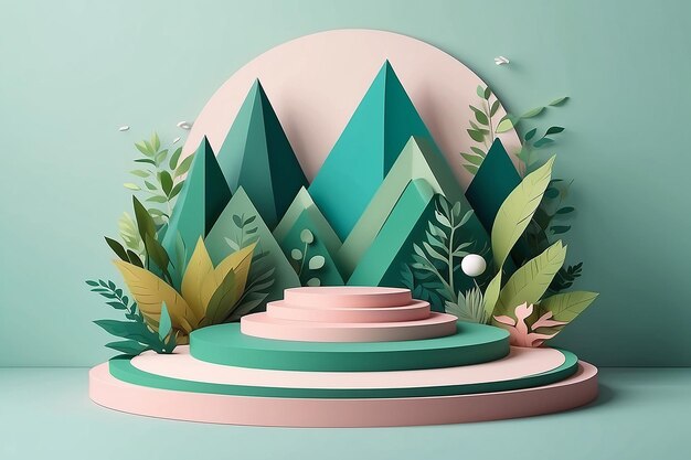 Plataforma de pódio de banner de produto com formas geométricas e papel de fundo de natureza, ilustração e papel 3D