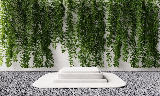 Plataforma de pódio de pedra retangular com trepadeira verde natural no jardim do quintal com fundo de sombra Natureza e objeto para renderização de ilustração 3D conceito de publicidade