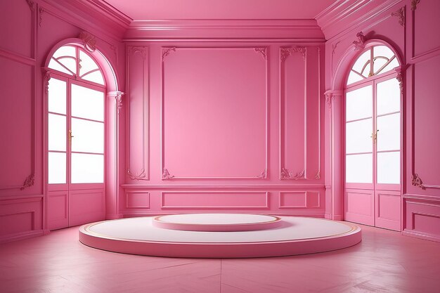 Plataforma de pódio dentro de uma sala rosa