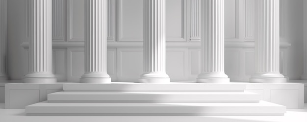 La plataforma de escalera blanca clásica iluminada por el sol con columnas crea sombras elegantes