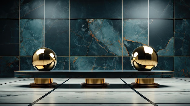una plataforma esférica con detalles dorados El pedestal es azul oscuro con un patrón geométrico abstracto