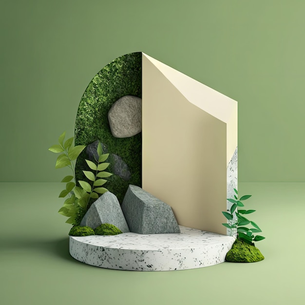 Plataforma de exhibición de productos de podio de piedra Fondo de hojas verdes Pedestal de roca Ilustración generativa de IA