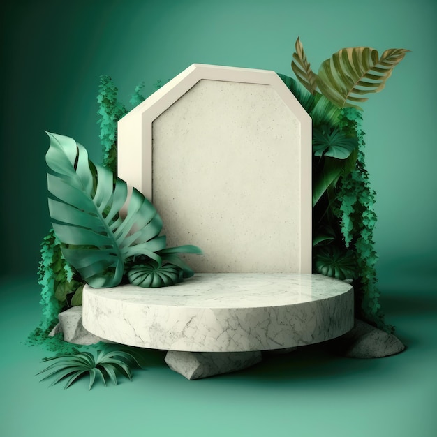 Plataforma de exhibición de productos de podio de piedra Fondo de hojas verdes Pedestal de roca Ilustración generativa de IA