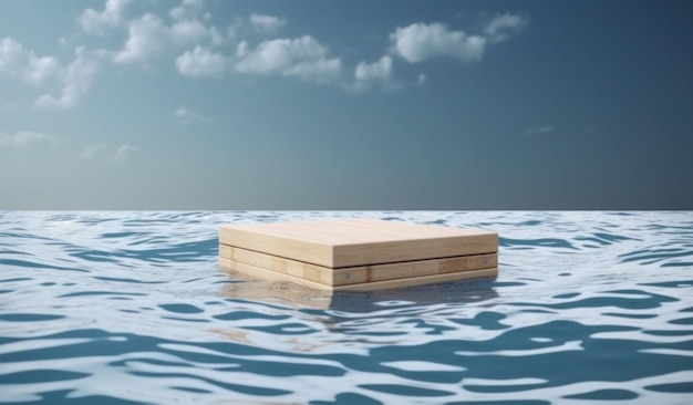 Foto una plataforma flotante en el agua con un cielo azul de fondo.