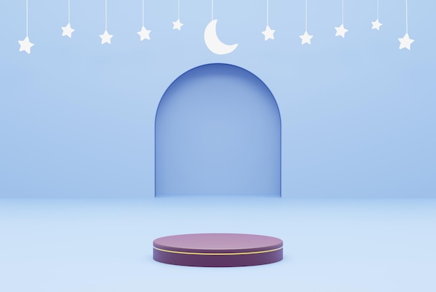 Plataforma con fondo azul estrella ramadan kareem concepto 3d ilustración representación