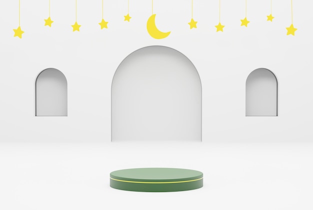 Plataforma con fondo blanco estrella y media luna eid y concepto islámico 3d ilustración render