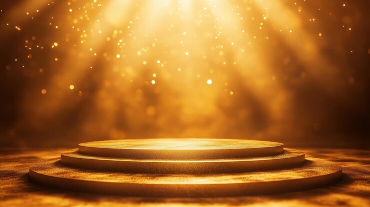 Plataforma de ganadores con luz dorada