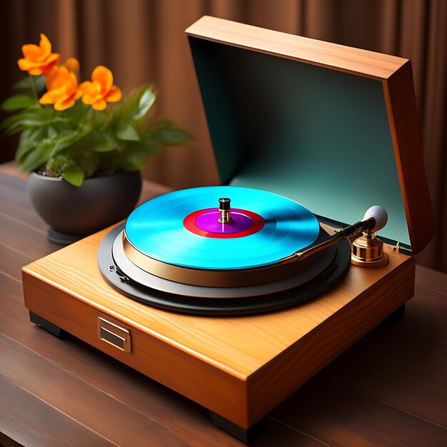 Plataforma giratória elegante com disco de vinil na mesa