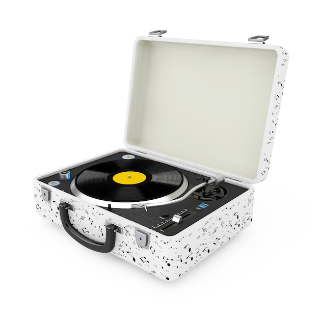 Plataforma giratória portátil do reprodutor de música estilo vintage em caixa branca em um fundo branco. Renderização 3D