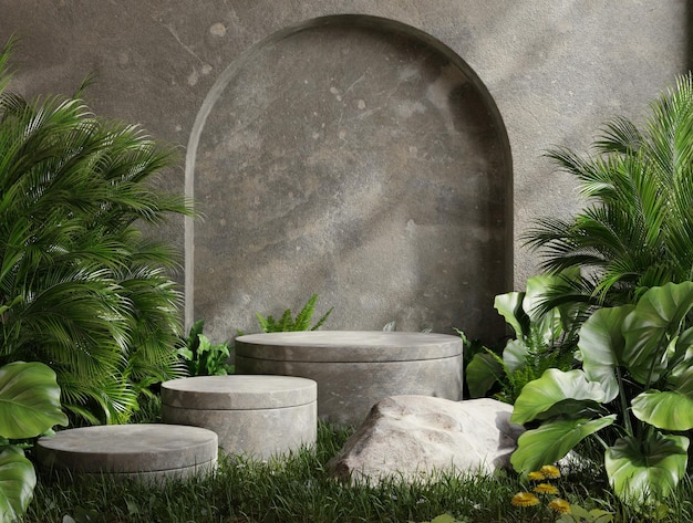 Plataforma de hormigón en bosque tropical para la presentación de productos y pared de cemento