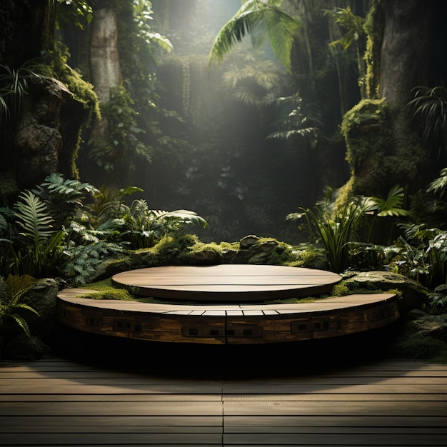 Foto la plataforma de madera acentúa las plantas y atrae una danza visual entre elementos para las redes sociales.