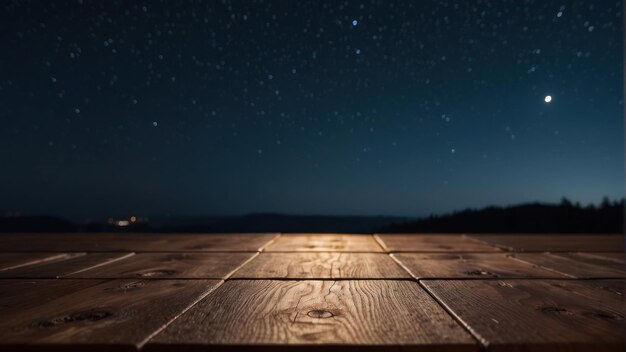 Foto plataforma de madera contra un cielo nocturno iluminado por estrellas con luz de luna