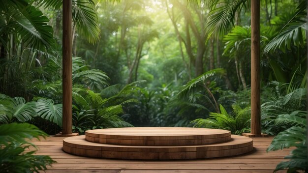 Plataforma de madera en un entorno de selva exuberante con densa vegetación