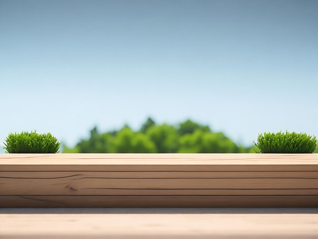 Plataforma de madera con hierba y fondo de cielo azul plantilla de exhibición de presentación de productos