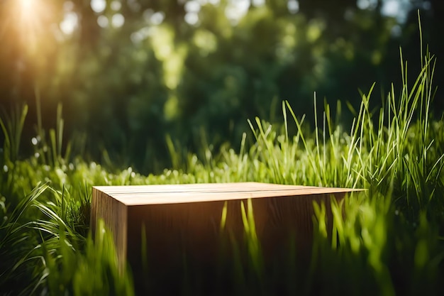 Foto plataforma de madera en la hierba en un soleado día de verano 3d renderización