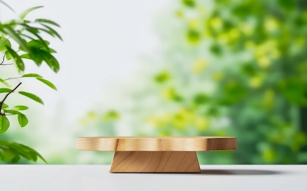 Una plataforma de madera con una planta en el fondo