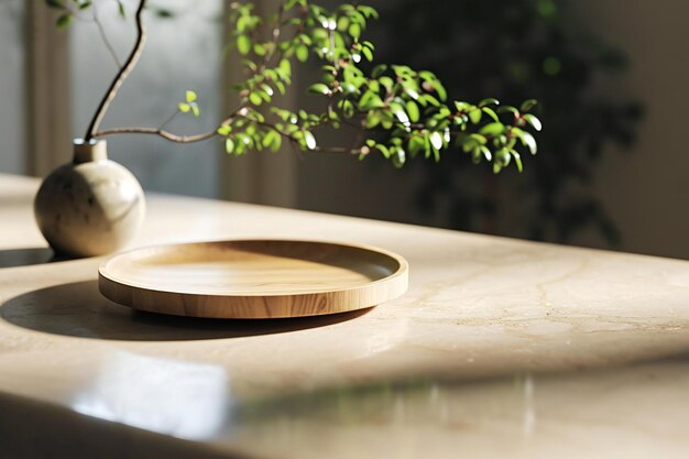 Plataforma de madera con plantas en el fondo