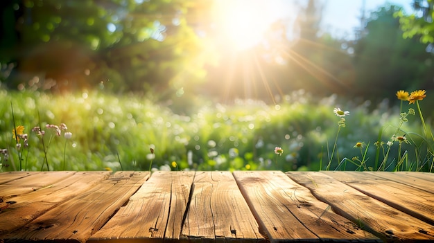 Plataforma de madera con vistas a un vibrante prado iluminado por el sol al amanecer Serenidad en la naturaleza ideal para fondos y temas pacíficos IA