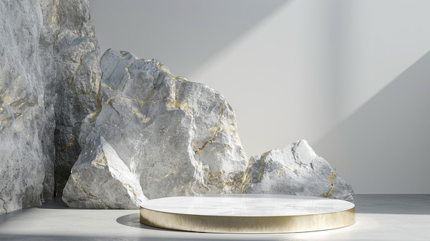 Una plataforma de mármol blanco y dorado rodeada de rocas con una iluminación dramática