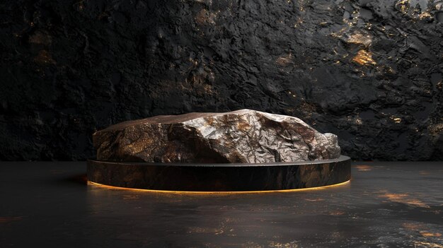 Una plataforma de mármol natural negra y dorada rodeada de rocas con una iluminación dramática