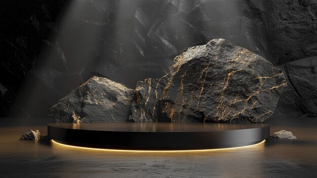 Una plataforma de mármol natural negra y dorada rodeada de rocas con una iluminación dramática
