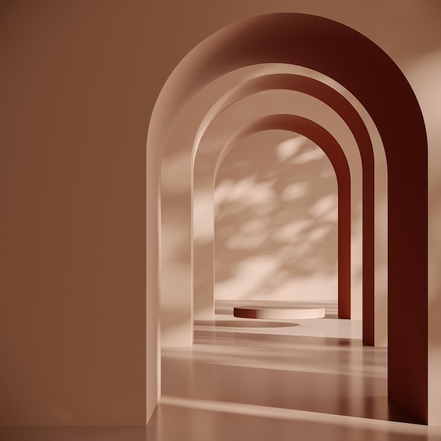 Plataforma marrom na cena da maquete do fundo da parede em arco para apresentação do produto