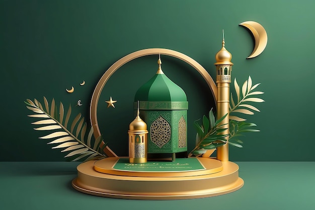 Plataforma minimalista islâmica 3d em fundo verde com ouro e folhas de tâmaras Podium para exibição de produtos