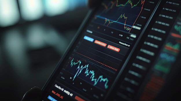 Plataforma de negociación moderna Closeup de una pantalla móvil que muestra gráficos de acciones y opciones de negociación para inversores