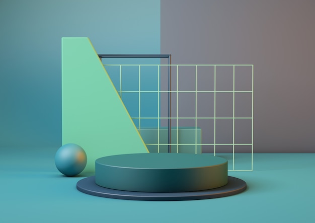Plataforma de pedestal de producto rlean de representación 3D en colores azul y verde