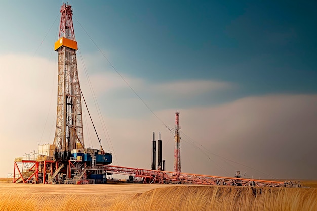 Foto la plataforma de perforación de la plataforma de petróleo en un campo con trigo al atardecer