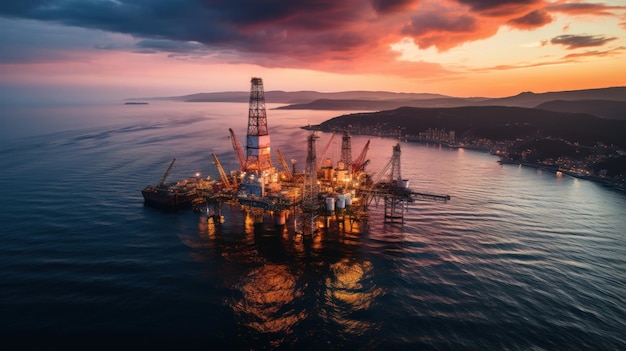 Plataforma de petróleo y gas en el mar al atardecer Vista panorámica IA generativa