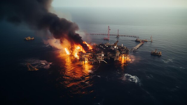 plataforma de petróleo en llamas en el mar vista desde un avión no tripulado vista aérea