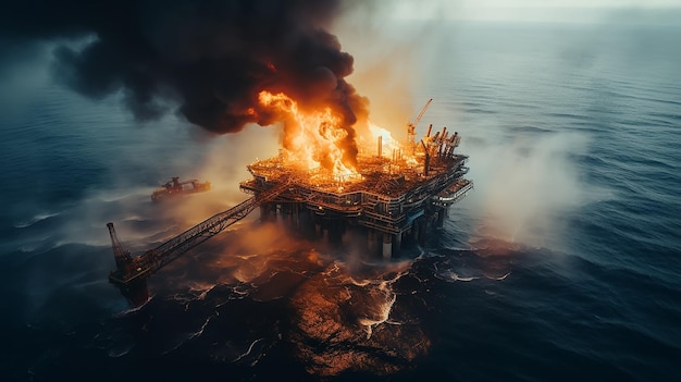 plataforma de petróleo en llamas en el mar vista desde un avión no tripulado vista aérea